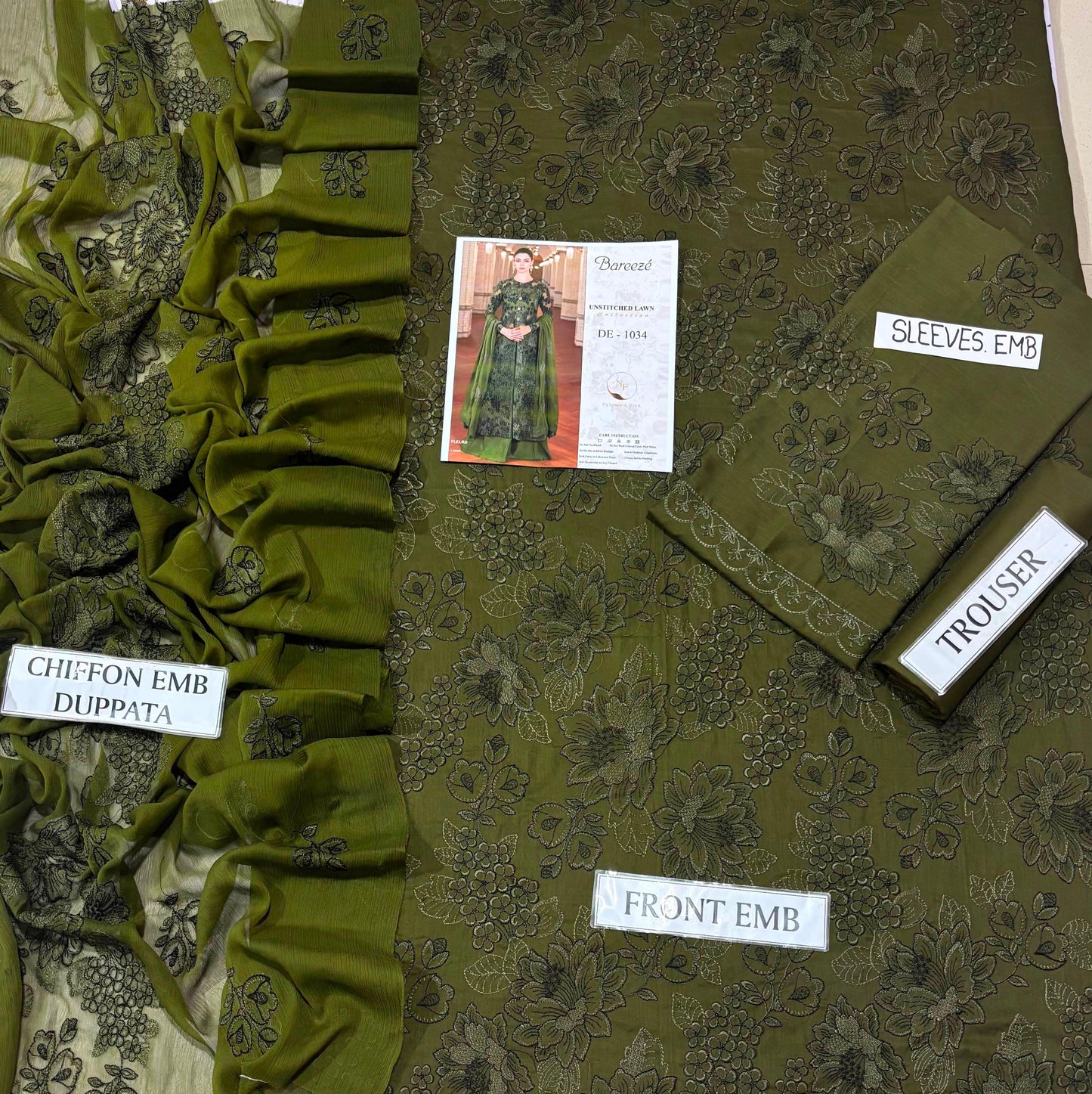 Bareeze Inspired Olive Green Unstitched Lawn 3 Piece Suit – Premium Printed Collection (DE-1034)