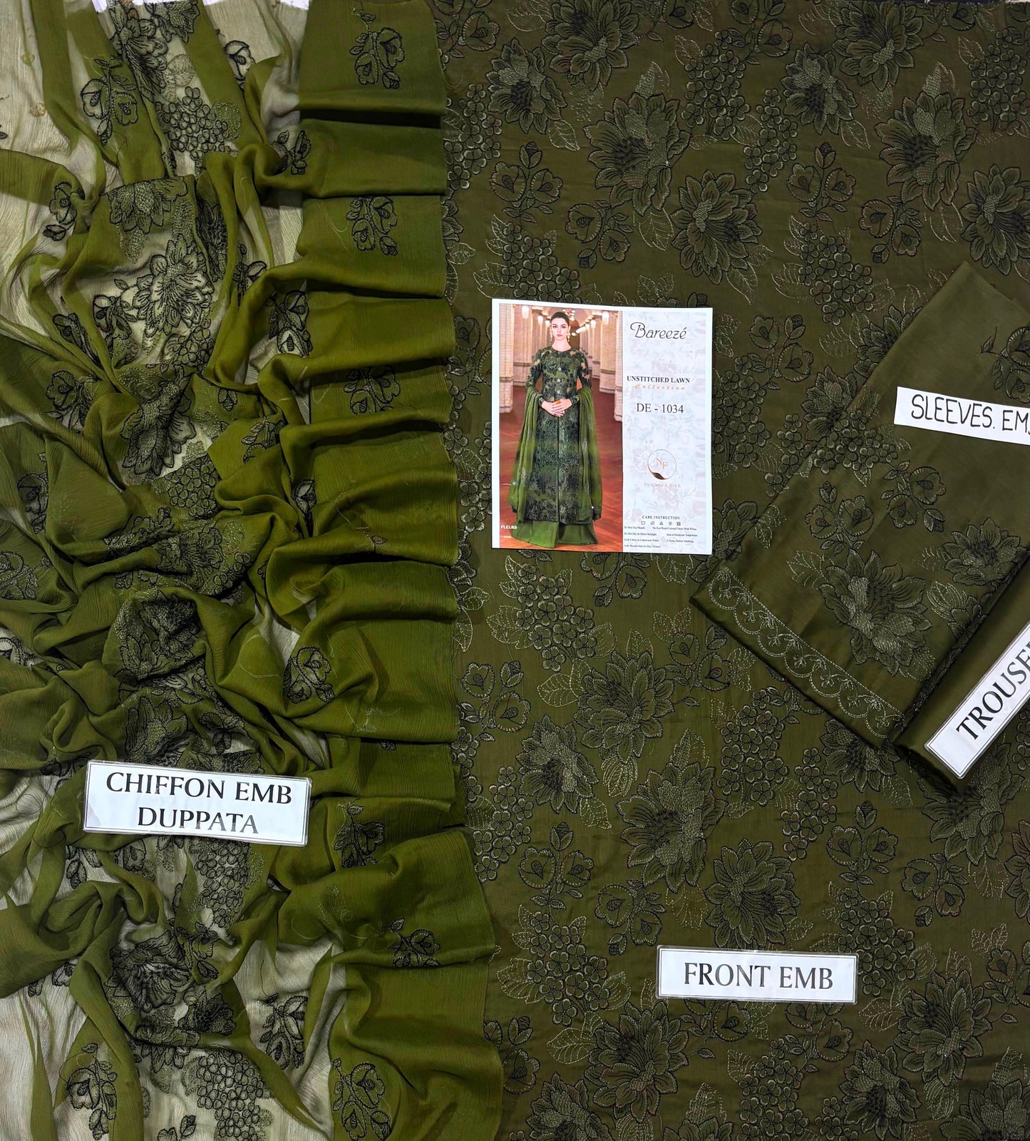 Bareeze Inspired Olive Green Unstitched Lawn 3 Piece Suit – Premium Printed Collection (DE-1034)