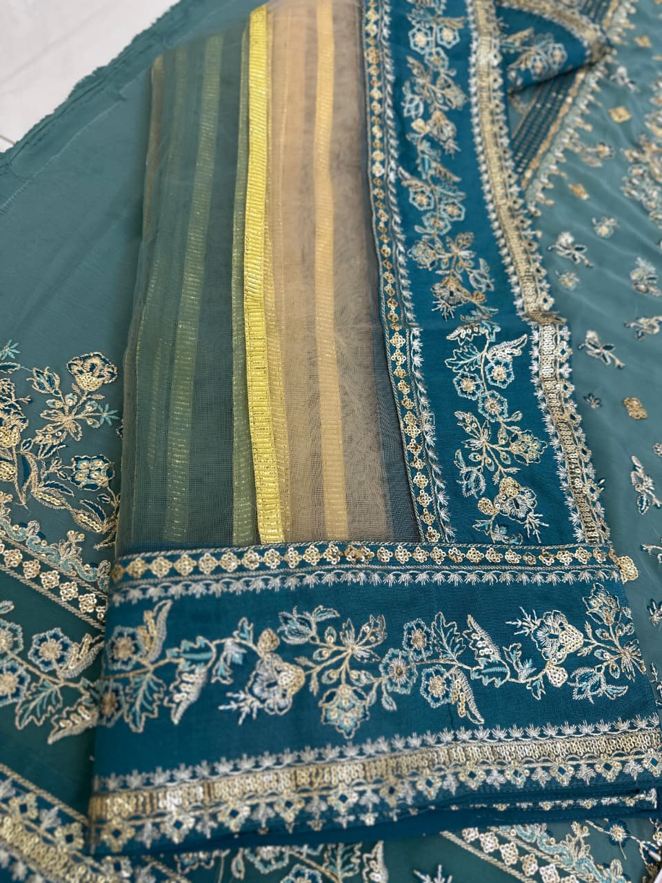 Luxury Sky Blue Embroidered Chiffon 3 Piece Suit for Women | Wedding & Party Wear