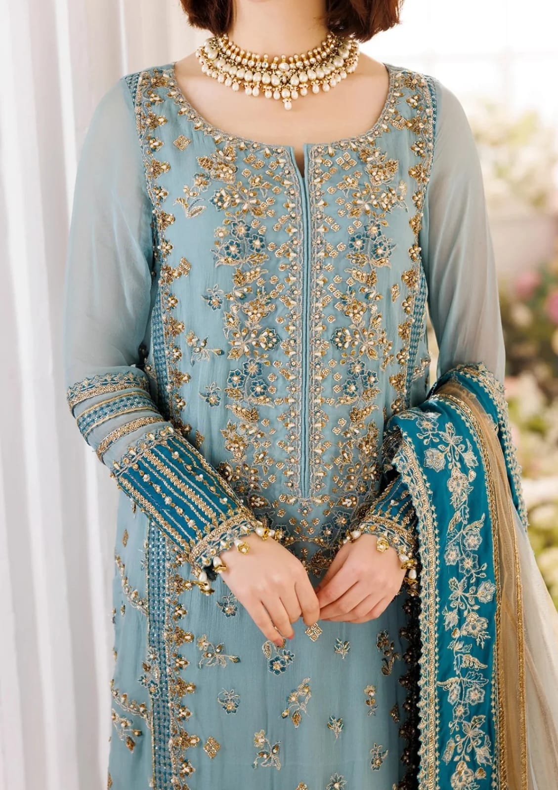 Luxury Sky Blue Embroidered Chiffon 3 Piece Suit for Women | Wedding & Party Wear