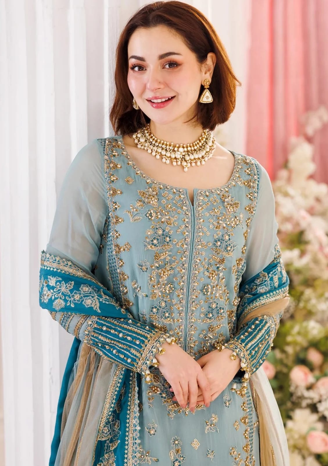Luxury Sky Blue Embroidered Chiffon 3 Piece Suit for Women | Wedding & Party Wear