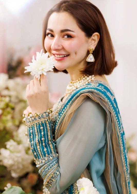 Luxury Sky Blue Embroidered Chiffon 3 Piece Suit for Women | Wedding & Party Wear