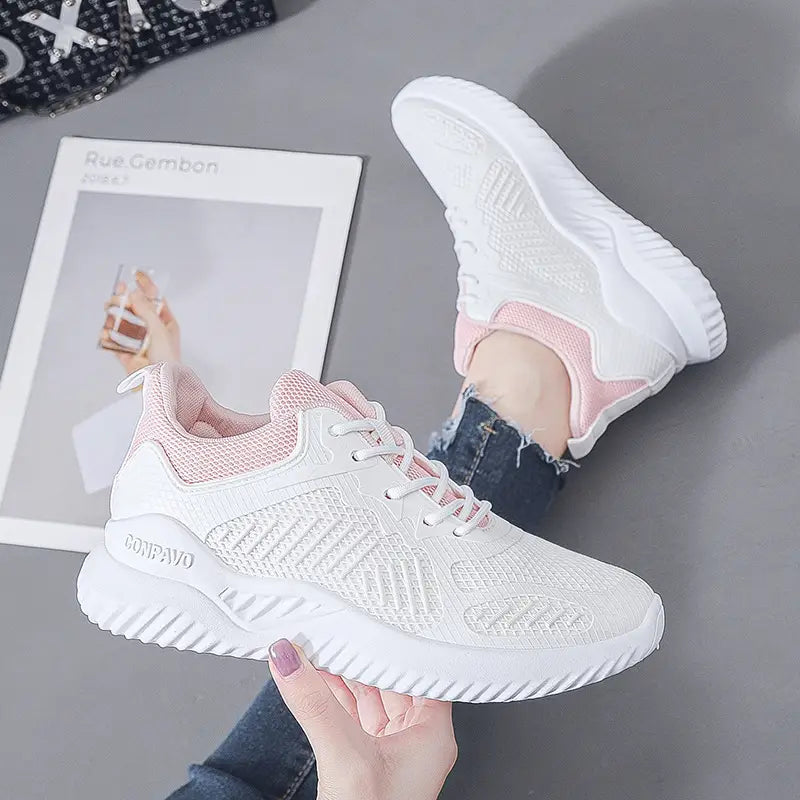 Women's Lightweight Mesh Running Shoes – Breathable Lace-Up Sports Sneakers | Black, White & Pink