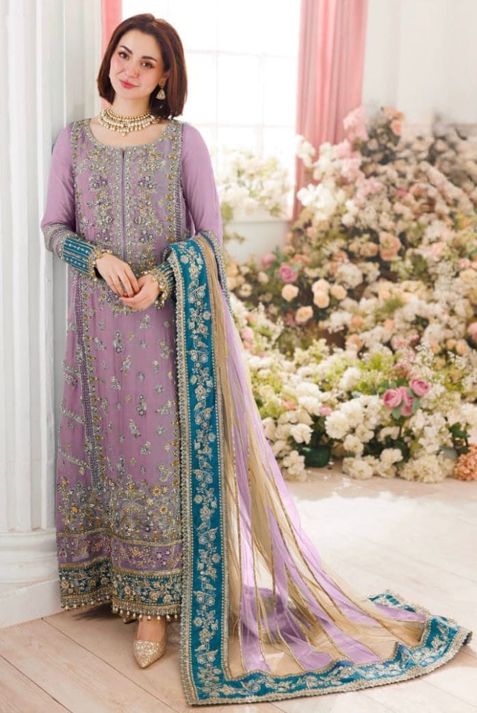 Luxury Sky Blue Embroidered Chiffon 3 Piece Suit for Women | Wedding & Party Wear