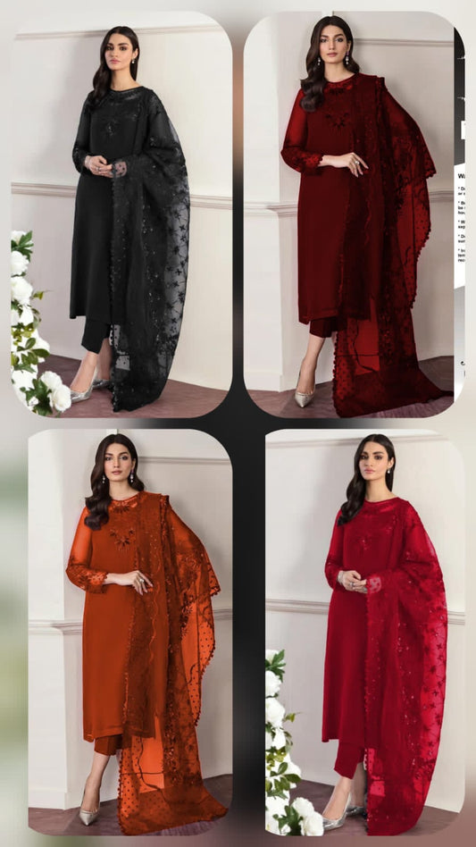 Elegant Embroidered 3 Piece Chiffon Suit with Net Dupatta – Premium Women's Formal Wear