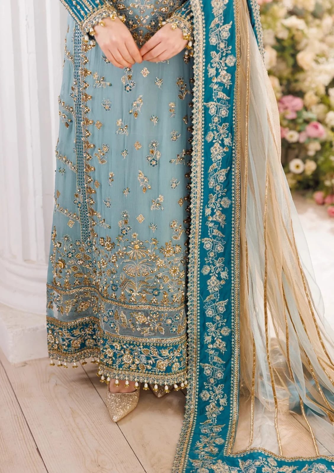 Luxury Sky Blue Embroidered Chiffon 3 Piece Suit for Women | Wedding & Party Wear