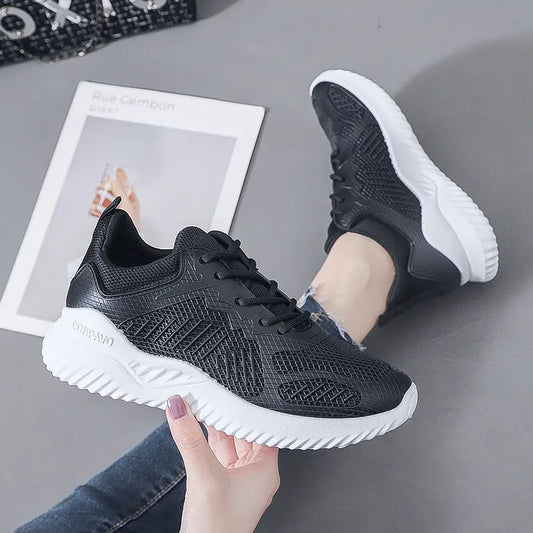 Women's Lightweight Mesh Running Shoes – Breathable Lace-Up Sports Sneakers | Black, White & Pink