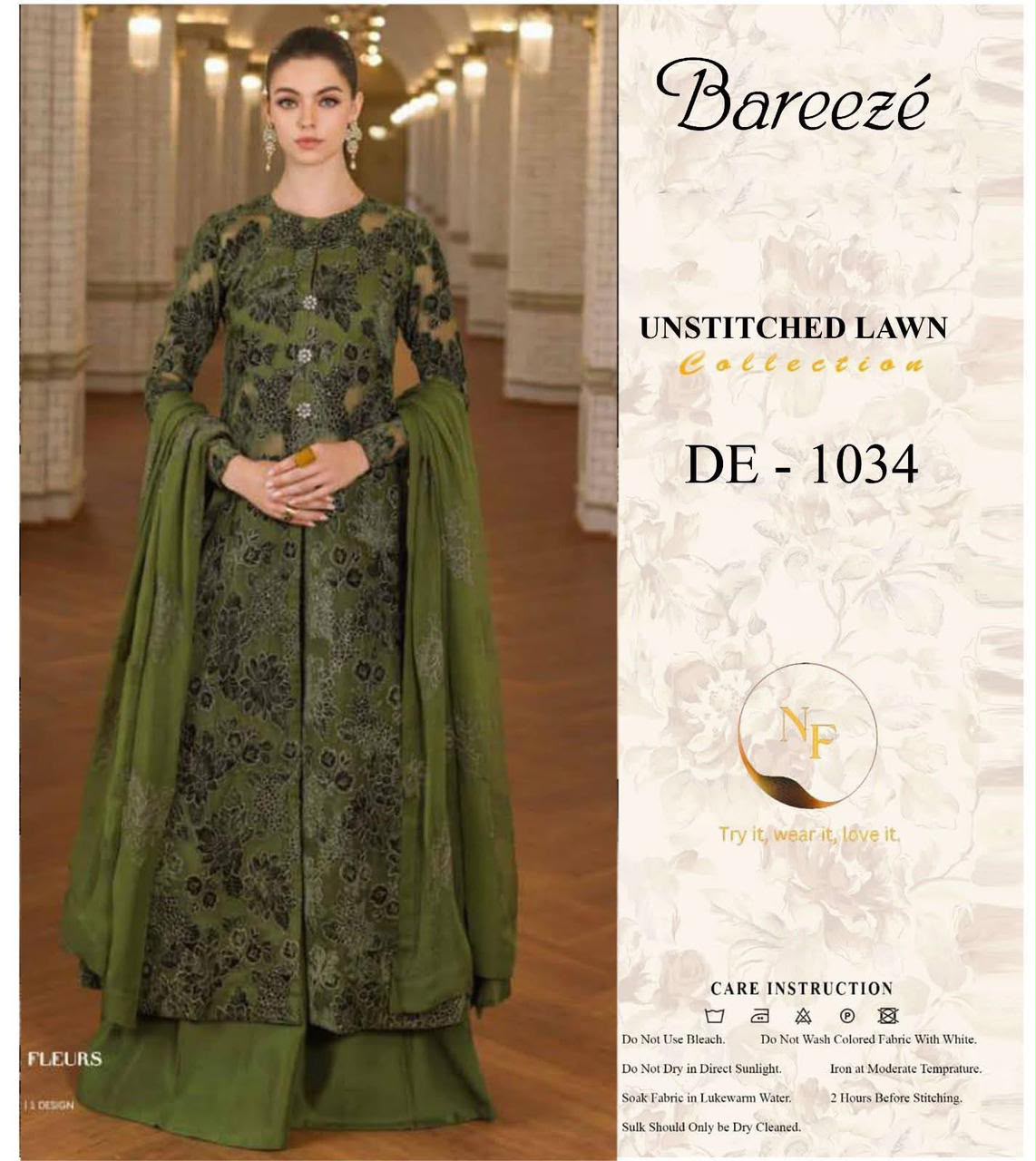 Bareeze Inspired Olive Green Unstitched Lawn 3 Piece Suit – Premium Printed Collection (DE-1034)