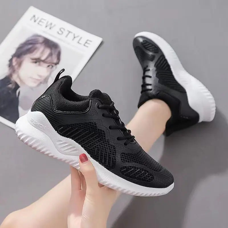 Women's Lightweight Mesh Running Shoes – Breathable Lace-Up Sports Sneakers | Black, White & Pink