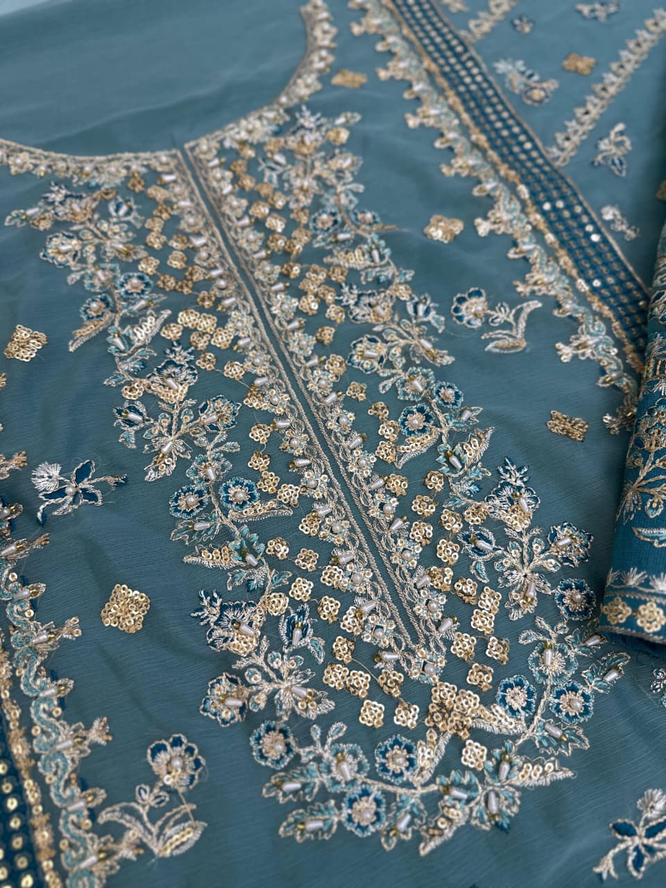 Luxury Sky Blue Embroidered Chiffon 3 Piece Suit for Women | Wedding & Party Wear