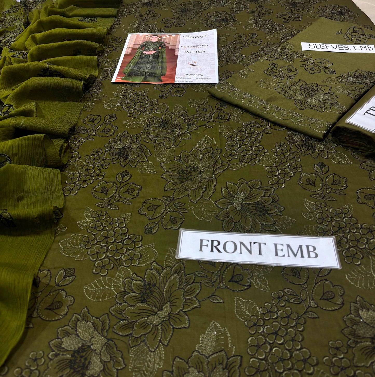 Bareeze Inspired Olive Green Unstitched Lawn 3 Piece Suit – Premium Printed Collection (DE-1034)