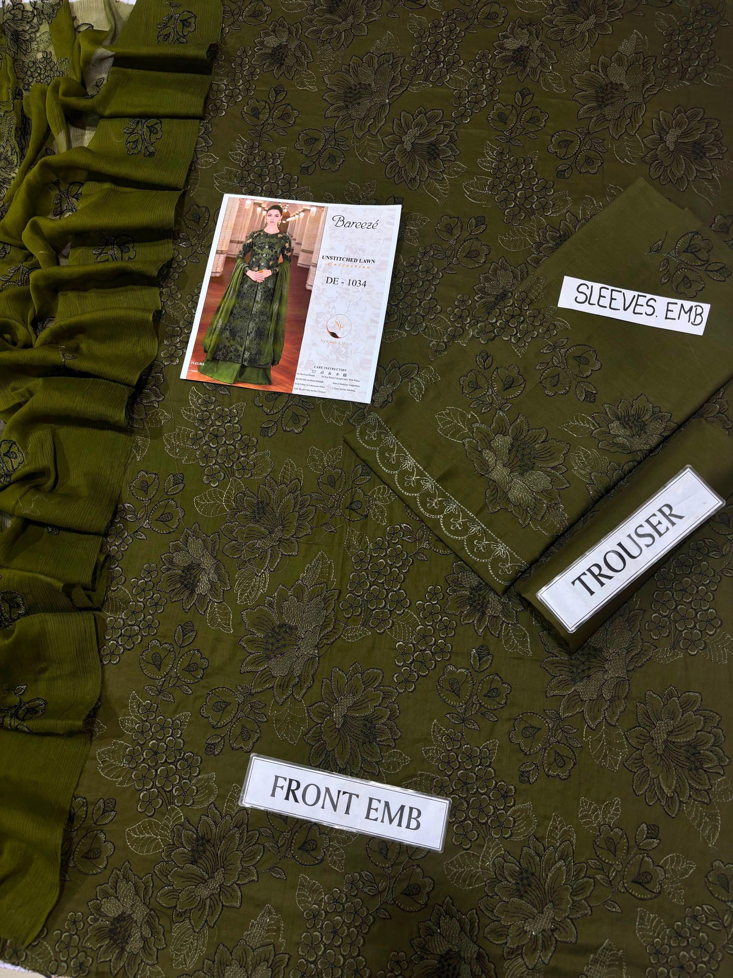 Bareeze Inspired Olive Green Unstitched Lawn 3 Piece Suit – Premium Printed Collection (DE-1034)