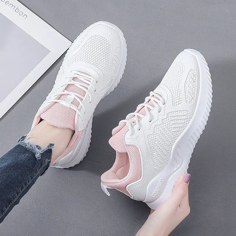 Women's Lightweight Mesh Running Shoes – Breathable Lace-Up Sports Sneakers | Black, White & Pink